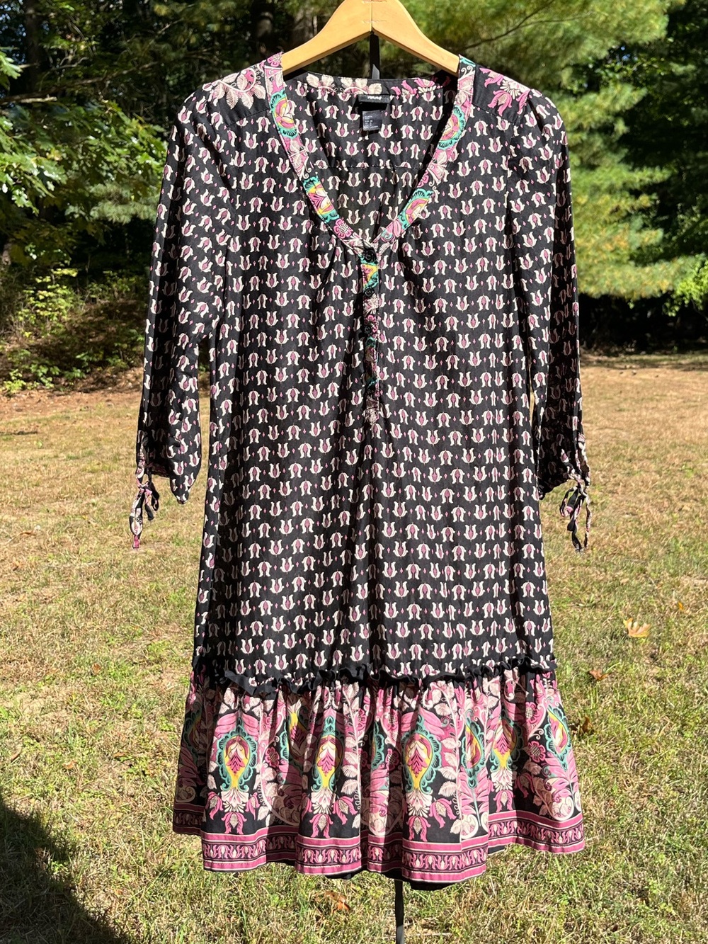 Y2K H&M Indian Block Print Paisley Cotton Ruffle Mini Dress Size 8 Boho Retro